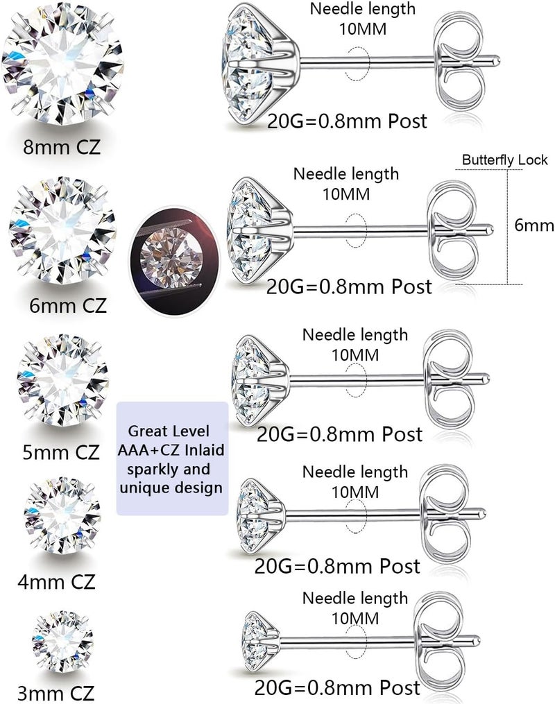 AMASIS Stud Earrings for Women Men, Hypoallergenic Women's 14K Gold Plated 316L Stainless Steel CZ Studs Earrings Simulated Diamond Round Cubic Zirconia Ear Stud Set - Image 2